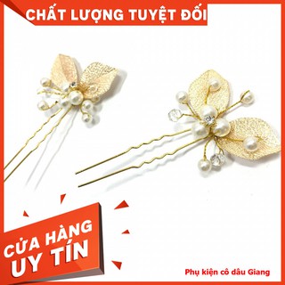 <TP>Trâm cài tóc cô dâu lá kèm hạt bẹt phụ kiện cưới Giang (1 cái )