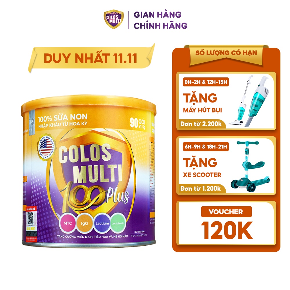 Sữa bột Colosmulti 100 Plus dạng lon 90 gói x 1,5g, hỗ trợ tăng cường sức đề kháng, phát triển thể chất cho trẻ