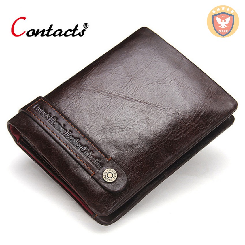 (2019 Contact's Men Wallet Genuine Leather) Bảo Hành 2 Năm - Bóp Ví Đứng Nam Bỏ Túi Da Bò Thật AM1228 - Made in HongKong