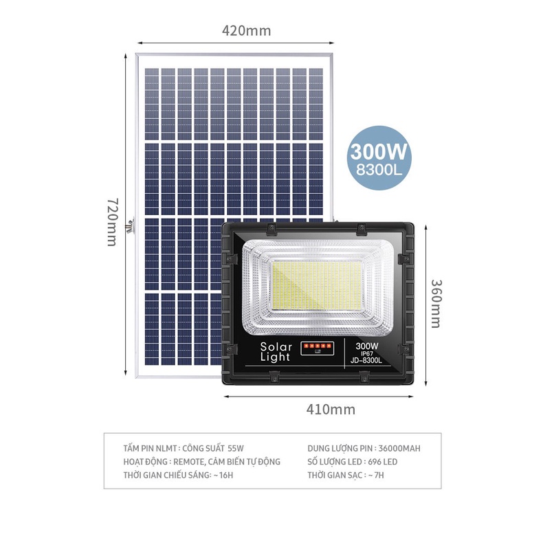 Đèn led, Đèn pha năng lượng mặt trời JD-8300L- 300w