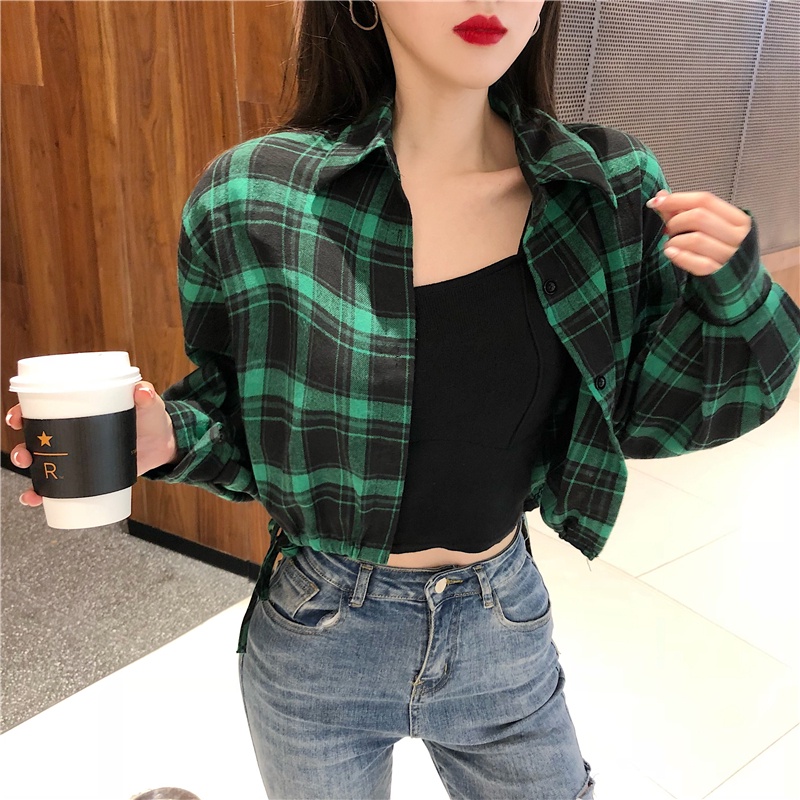 Áo Sơ Mi Nữ Croptop Dài Tay Phối Dây Rút Eo Họa Tiết Hình Kẻ Ô Phong Cách Trẻ Trung Thời Trang Sugal SO MI NU 003