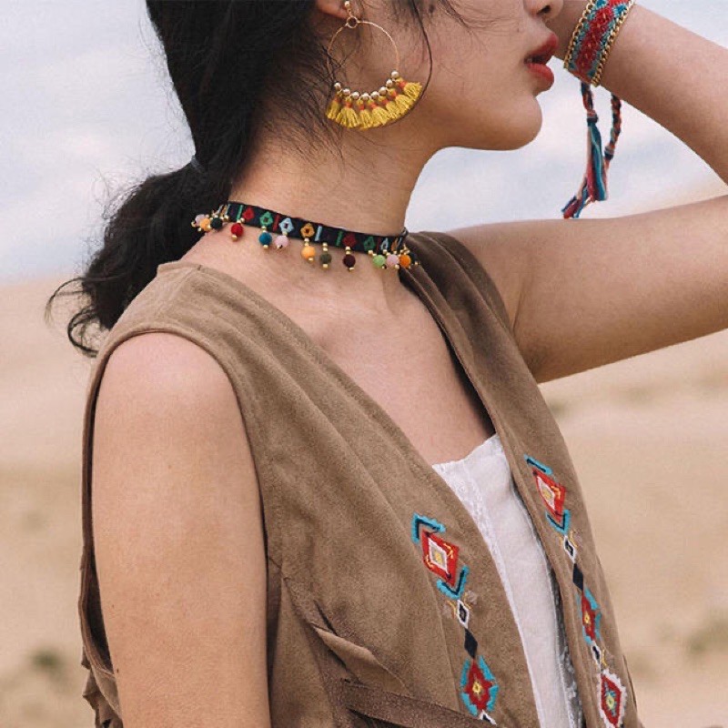 Vòng cổ boho hạt nhiều màu - choker thổ cẩm