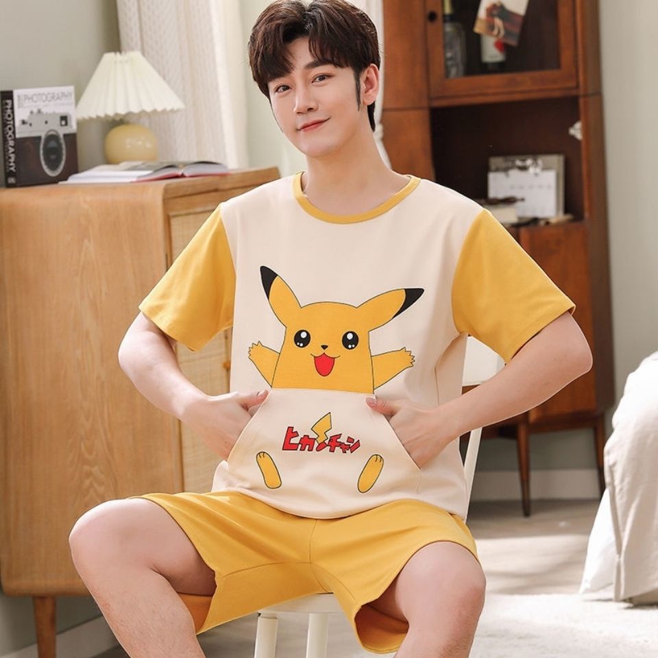 Bộ Đồ Ngủ Tay Ngắn Chất Liệu Cotton Mỏng Họa Tiết Hoạt Hình Thời Trang Mùa Hè Cho Nam