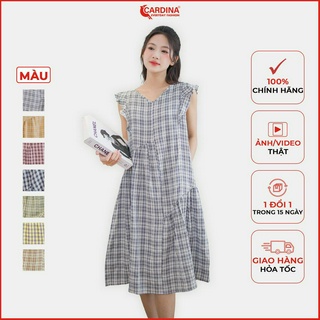 Đầm nữ CARDINA chất thô cao cấp dáng suông kẻ bèo vai lệch tầng trẻ trung 3VTH06