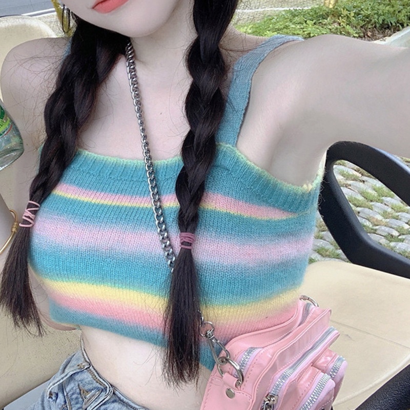 Áo Croptop Dệt Kim Sát Nách Kẻ Sọc Cầu Vồng Thời Trang Mùa Hè Cho Nữ