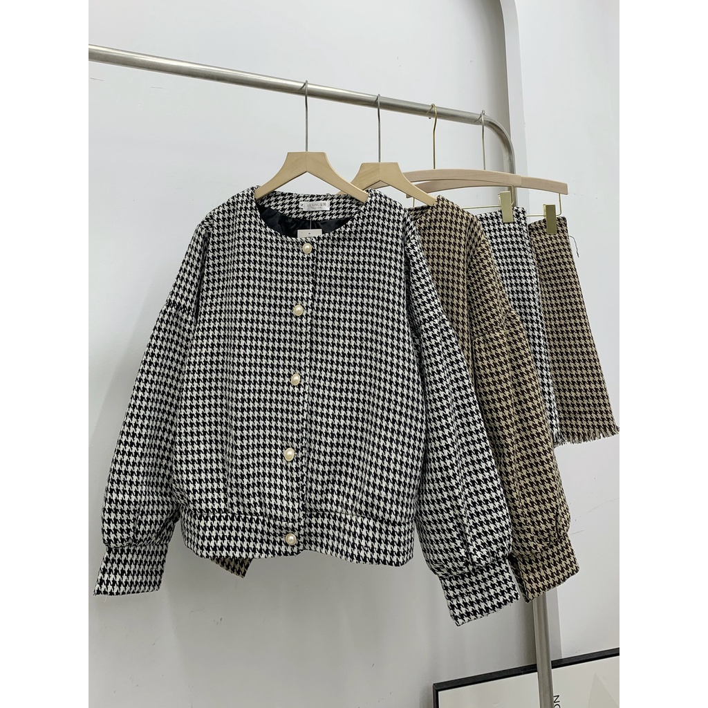 Set áo khoác dạ kẻ tay bồng kèm chân váy viền tua rua 247store.vn - mã 6062