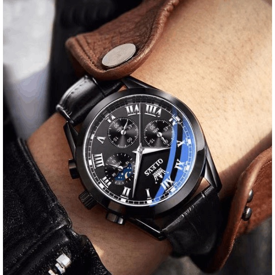 Đồng hồ nam dây da OLEVS 6 kim chống nước, mặt kính cường lực chống xước hiển thị lịch Nhật Nguyệt phong cách Thụy Sĩ | BigBuy360 - bigbuy360.vn