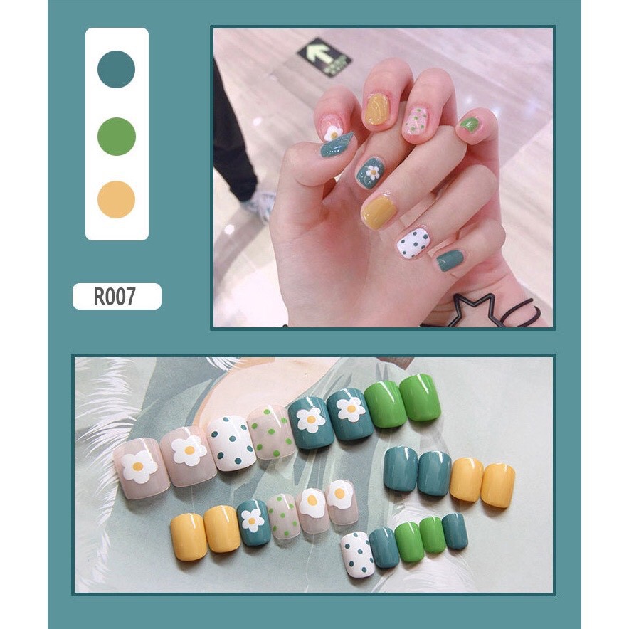 Set 24 móng tay giả họa tiết 3D cao cấp kèm keo dán họa tiết xanh lá phối hoa 007