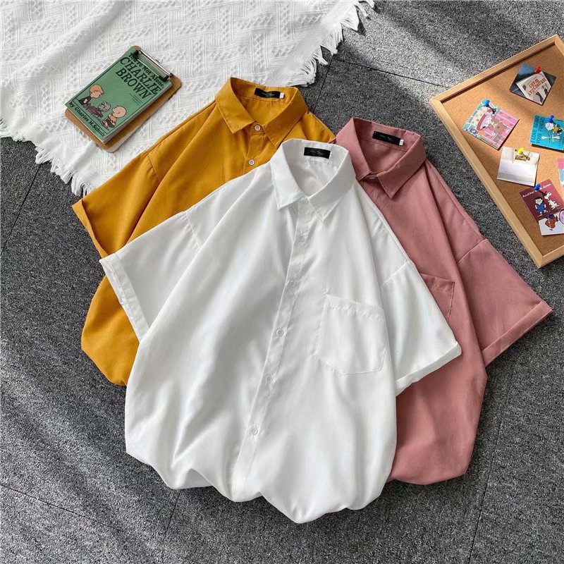 Summer Korean style solid color loose short-sleeved shirt for men