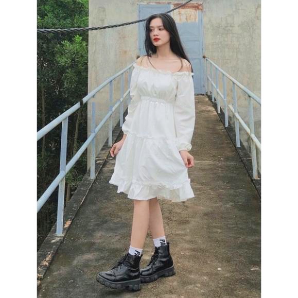 Kan Shop -  Váy Vintage Tiểu Thư Trễ Vai - Đầm Bánh Bèo Màu Trắng Xinh Xắn | BigBuy360 - bigbuy360.vn
