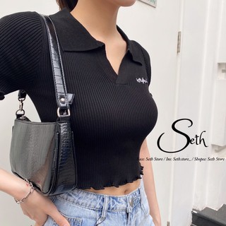 Áo croptop polo cổ chữ v chất liệu len tăm mềm mại sac07