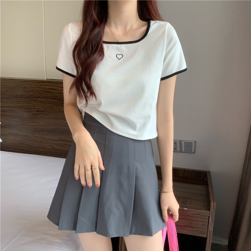 【WANG JIAO ZHAN】 Áo croptop thun ngắn tay họa tiết thêu hình trái tim thời trang Hàn Quốc【6753】