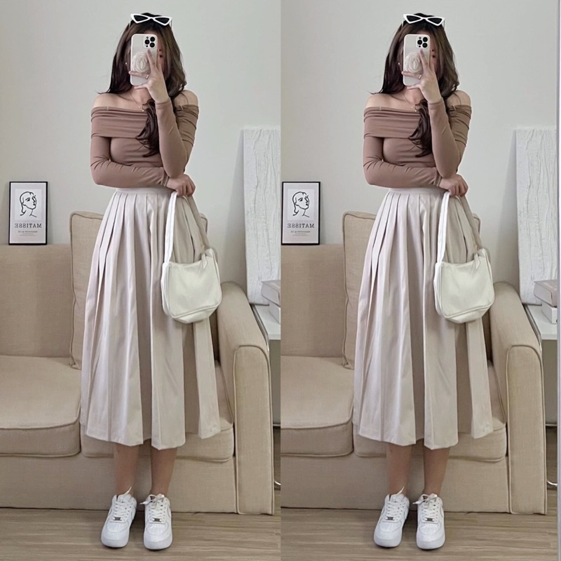 Chân váy xếp ly kaki 2 da dài dáng xòe công sở ba màu dễ phối đồ