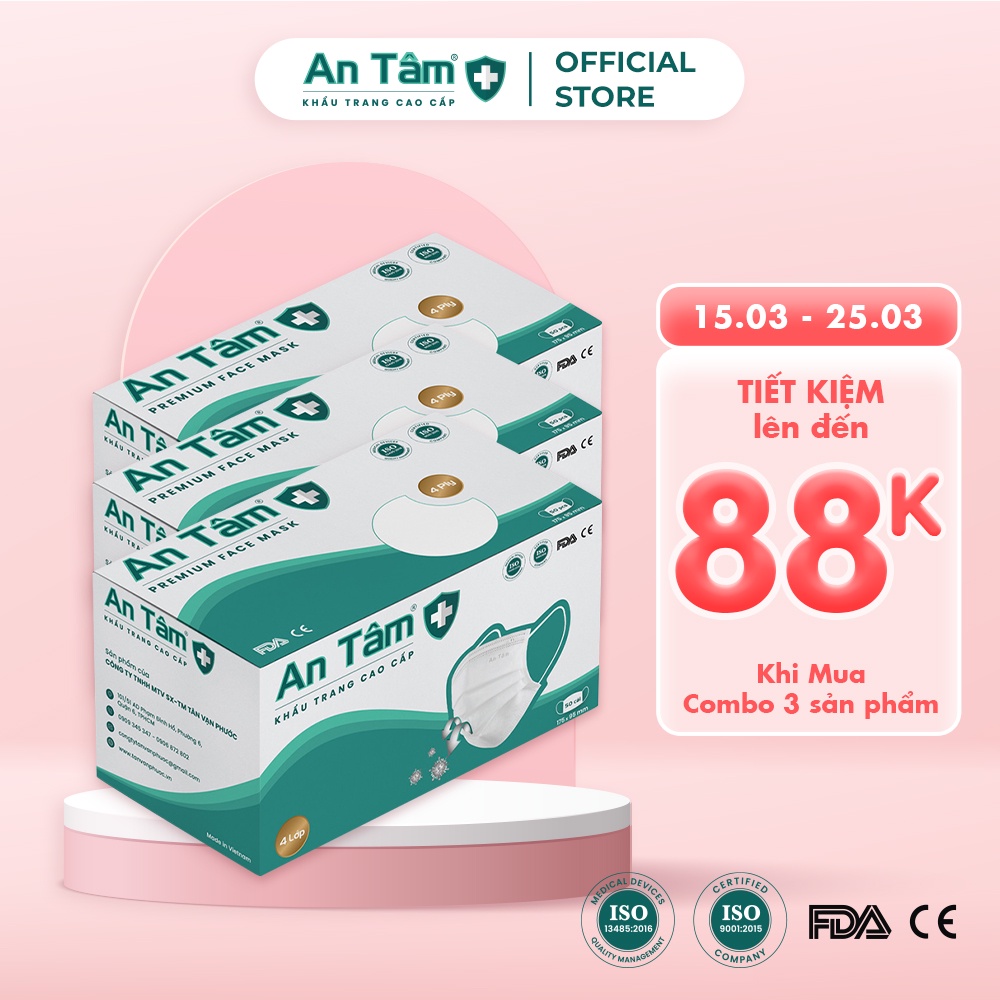 Combo 3 hộp khẩu trang y tế 4 lớp Giấy kháng khuẩn Chính Hãng AN TÂM - Hộp 50 cái