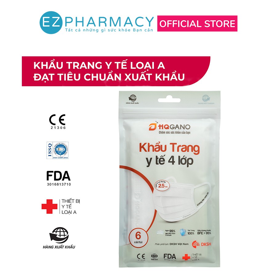 (Gói 6 chiếc) Khẩu trang y tế HQGANO 4 lớp chống bụi mịn, kháng khuẩn, không mùi