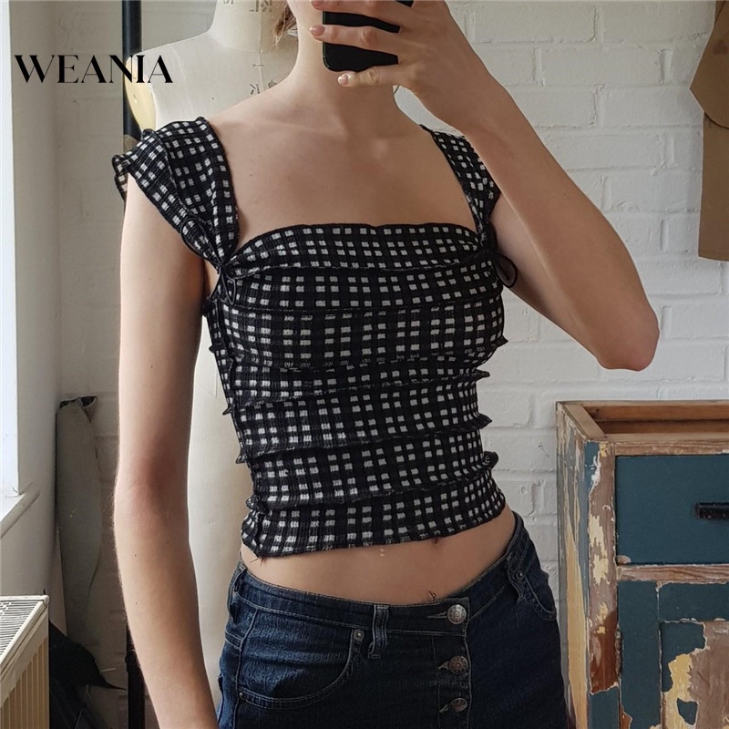 Áo tank top WEANIA hở lưng họa tiết sọc caro thời trang cho nữ