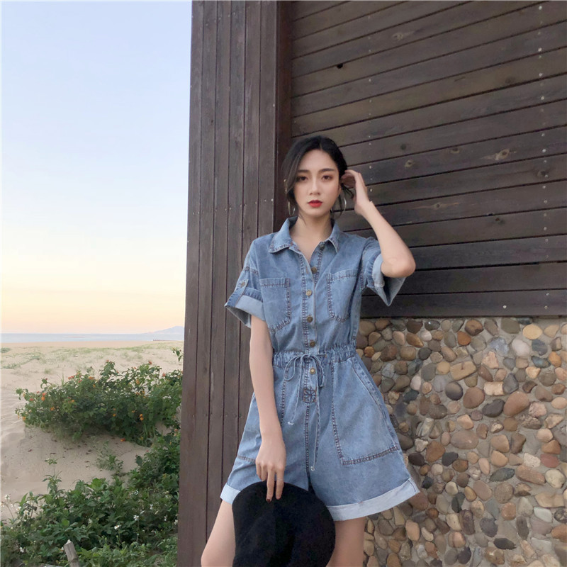 Áo liền quần denim dáng ngắn ống rộng eo cao tay ngắn màu xanh dương nhạt thời trang mùa hè cho nữ