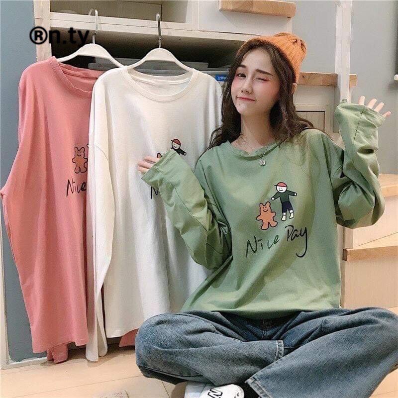 MS172 Áo thun tay dài nữ Unisex size m,l 45kg- 70kg oversize tay lỡ form rộng cotton DTL