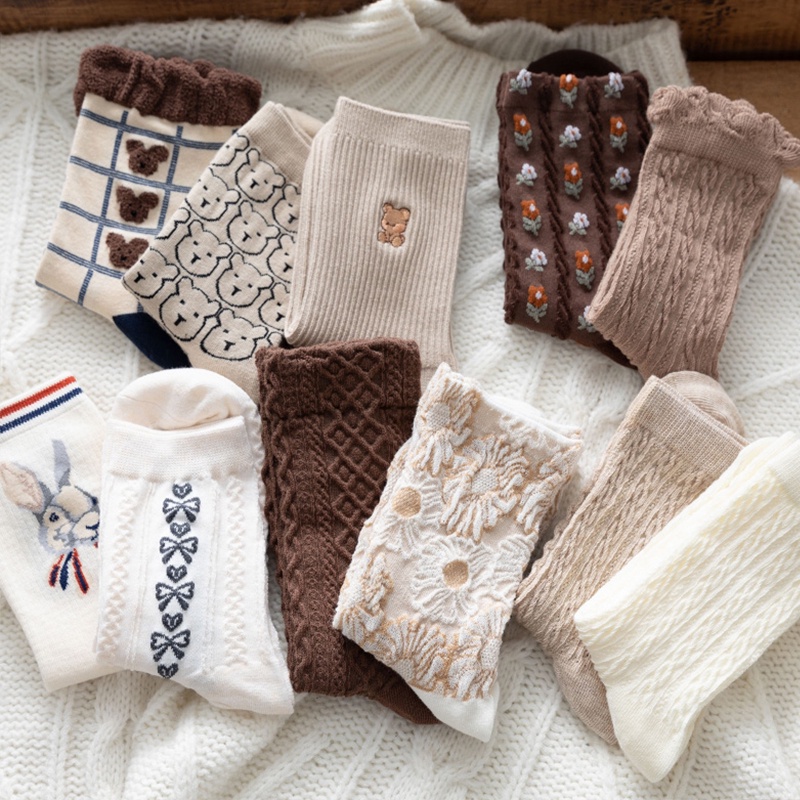 FINETOO Vớ Cotton Cổ Cao Dày Dặn Co Giãn Dễ Thương Cho Nữ