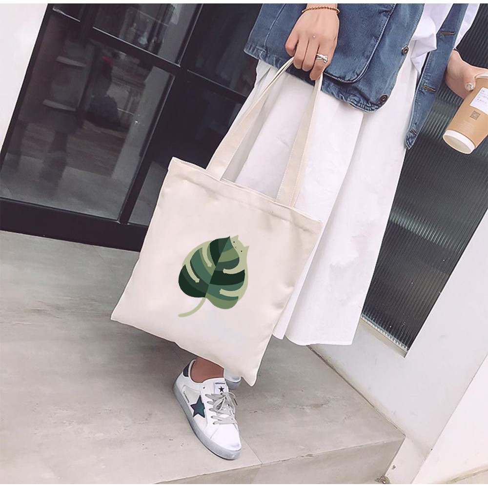 Túi Tote Vải Mộc GINKO Dây Kéo In Hình Cat With Leaf M08