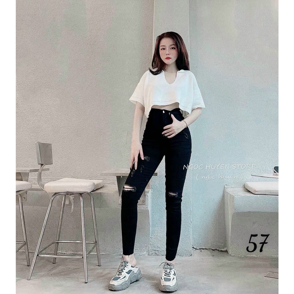 Quần jeans 9 Tấc đen tuyền, co dãn mạnh, lưng cao, rách kiểu 4266 MLJ