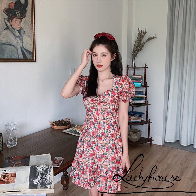 Đầm tay phồng họa tiết hoa ngọt ngào thời trang mùa hè cho nữ