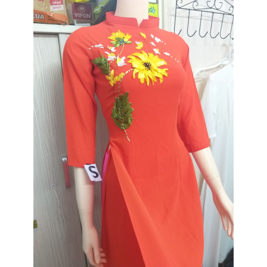 free ship xtra aó dài hoa tím 4 tà chất liệu von tơ bên ngoài lụa bên trong size m