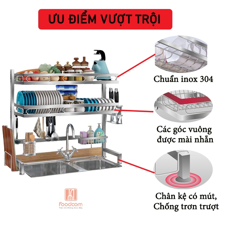 Kệ đựng chén bát đa năng FOODCOM Chất liệu INOX cao cấp, giá để bát 2 tầng  dài 106 cm phù hợp cho bồn đôi.