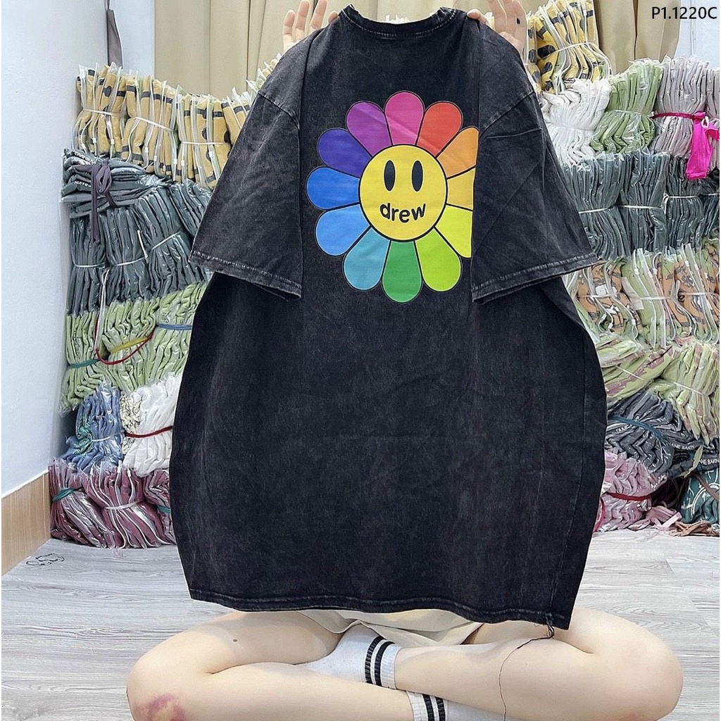 Áo thun unisex họa tiết bông hoa mặt cười 3158 tay lỡ form rộng