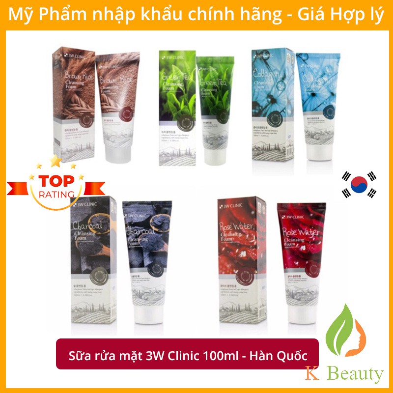 Sữa rửa mặt 3W Clinic Trà xanh / Gạo / Collagen / Hoa hồng / Than hoạt tính - 100ml Hàn Quốc [Chính Hãng - Có Tem]