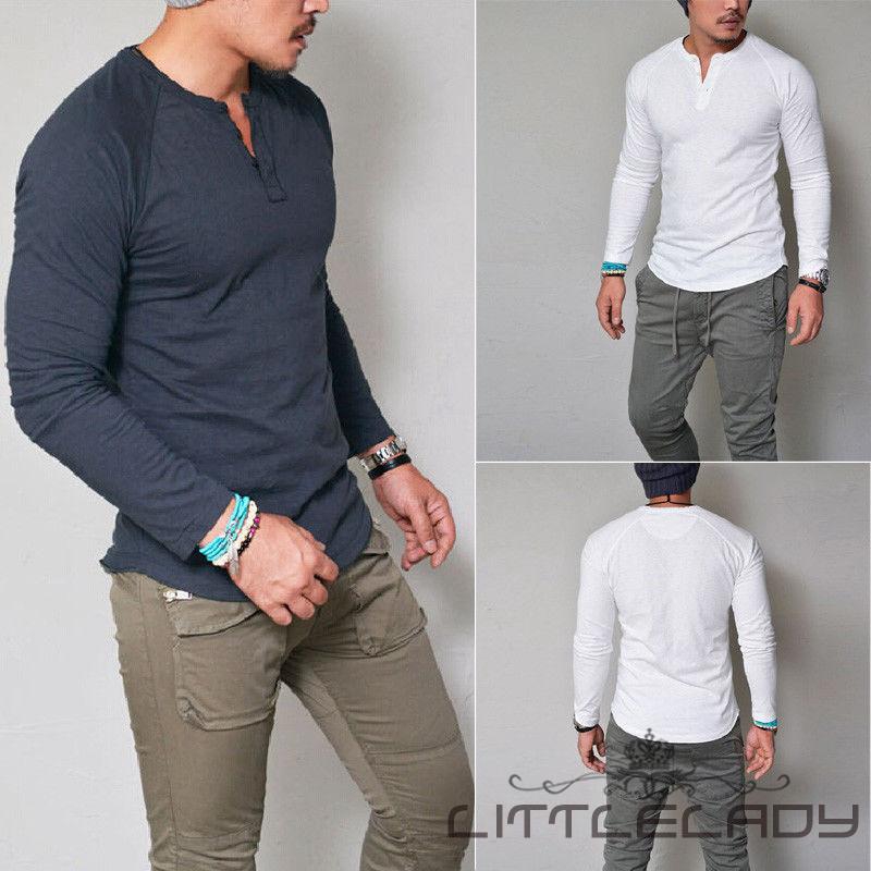 ☛☏❤Fashion Men&#39;s Slim Fit V Neck Long Sleeve Muscle Tee T-shirt Casual Tops Blouse