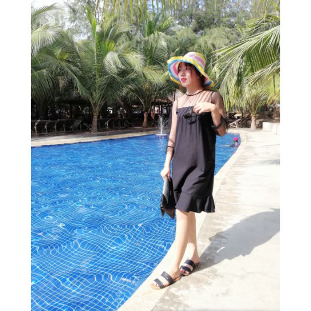 Đầm suông, phối tay lưới cực sang