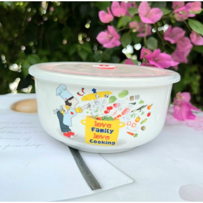 Thố sứ có nắp 6inch 16cm- Hoa văn ngẫu nhiên- Tô Sứ Tráng men cao cấp- Hộp đựng thực phẩm