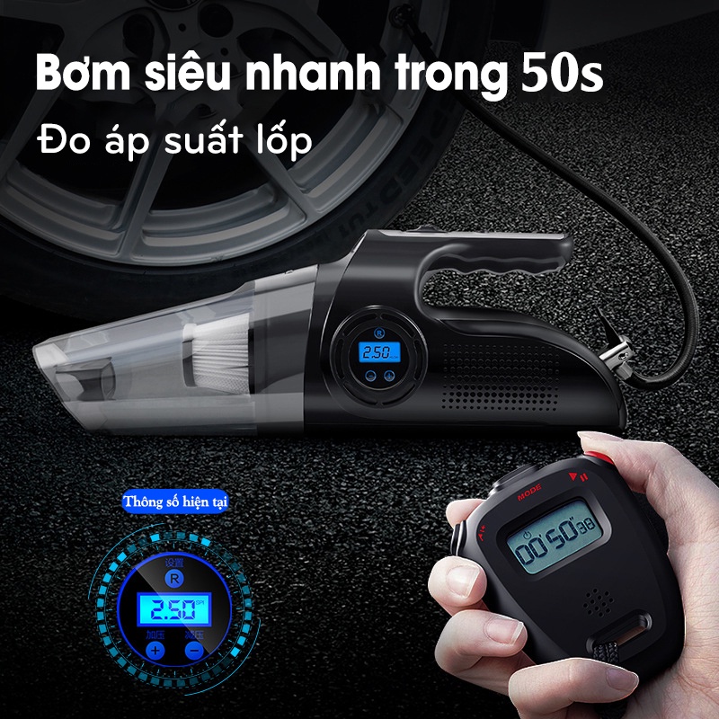 Máy hút bụi và bơm lốp ÔTô - Công suất 120W - Có đồng hồ điện tử - Bơm/Hút/Đèn Chiếu Sáng/Đồng Hồ Đo Áp Suất Lốp - K1342