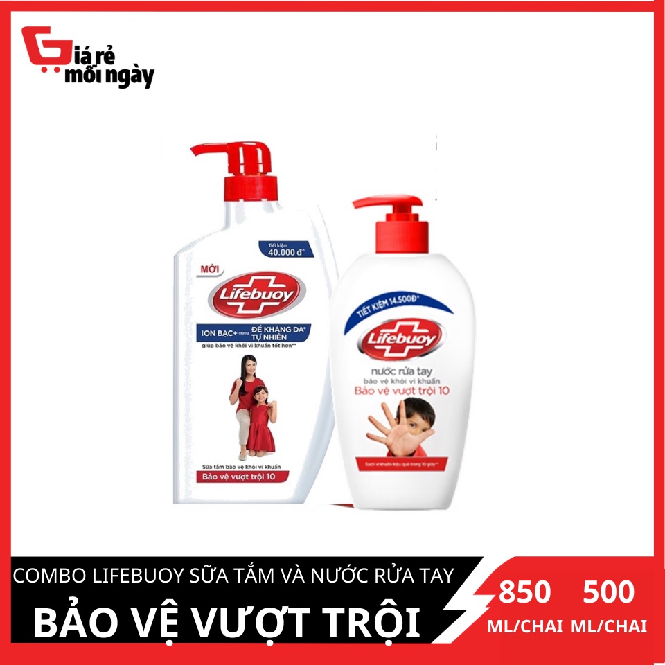 Combo tiết kiệm Lifebuoy Bảo vệ vượt trội 10 (Đỏ) Chai sữa tắm 850g + chai nước rửa tay 500g