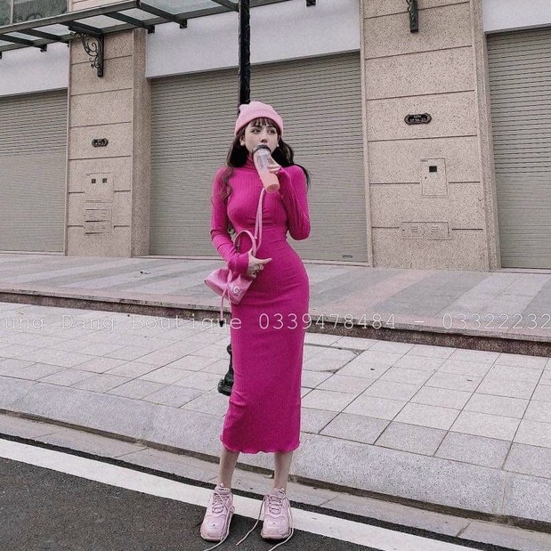 Đầm cổ lọ maxi tay dài ôm body trơn cực xinh , chất thun gân mềm mịn dày dặn