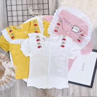 Áo sơ mi cộc tay cổ thêu ren cho bé gái, Áo sơ mi bé gái size đại