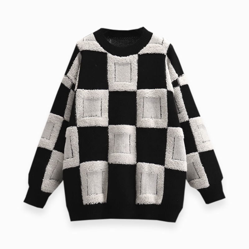 Áo Sweater Cổ Thuyền Dáng Rộng Họa Tiết Sọc Caro Cho Nữ