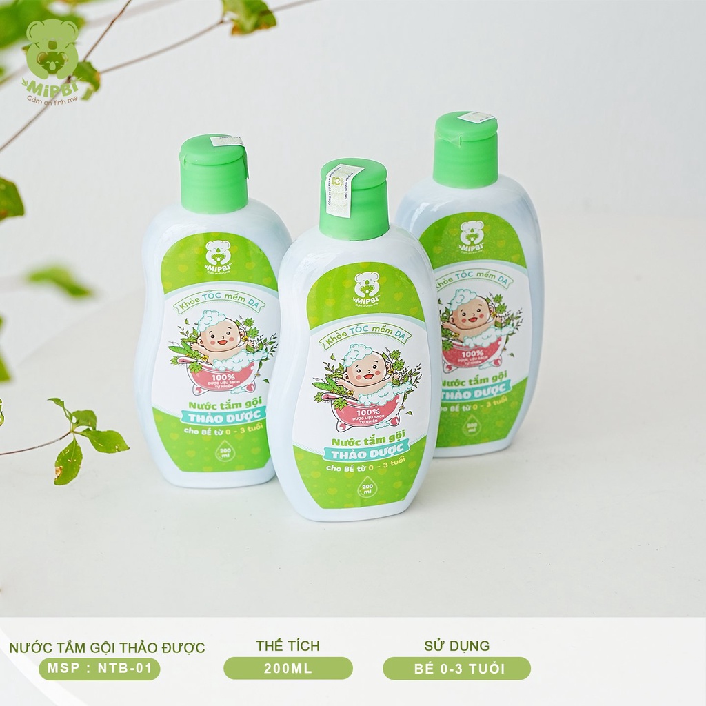 [Chính hãng Date 2024] Nước tắm gội thảo dược Mipbi 200ml ngăn ngừa rôm sảy, cho bé 0-3 tuổi