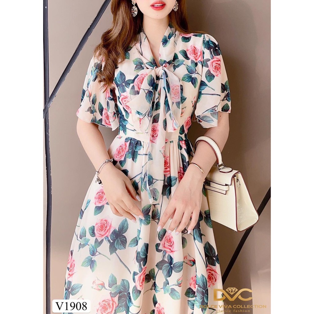 Váy đầm hoa cổ nơ tay xòe thời trang nữ công sở đi làm đi chơi đi biển đi dạo