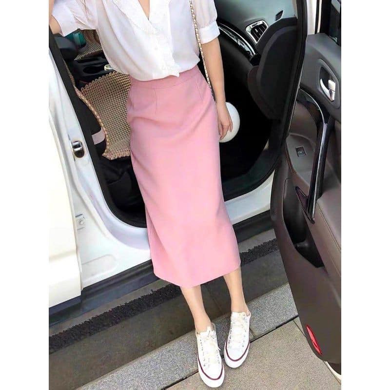 M11H- Chân váy midi A dáng dài xẻ sau màu hồng xinh xắn