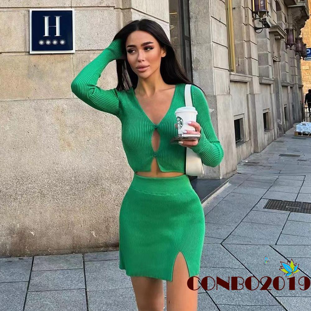 Hgm Bộ Áo Croptop Dài Tay Màu Trơn Phối Chân Váy Xẻ Tà S / M / L Cho Nữ