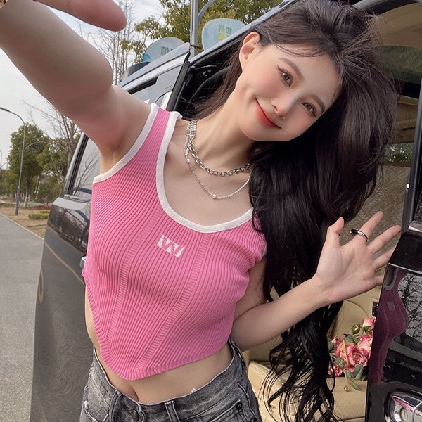Jiashucheng Áo Dệt Kim Không Tay Màu Hồng Thiết Kế Không Đều Quyến Rũ Cho Nữ