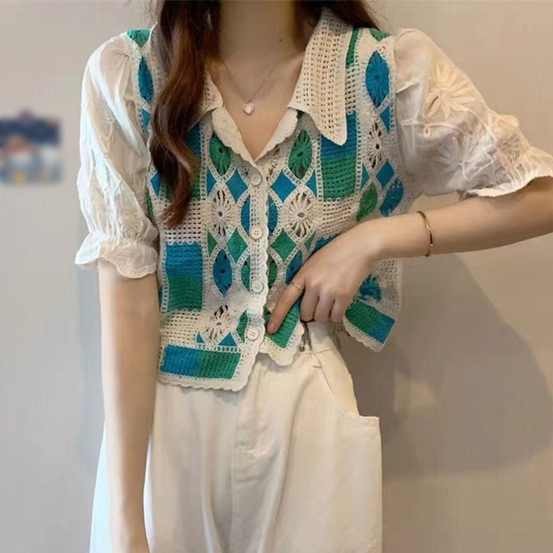 Áo Cardigan Dệt Kim Tay Ngắn Dáng Rộng Thêu Họa Tiết Hoa Đục Lỗ Thời Trang Cho Nữ