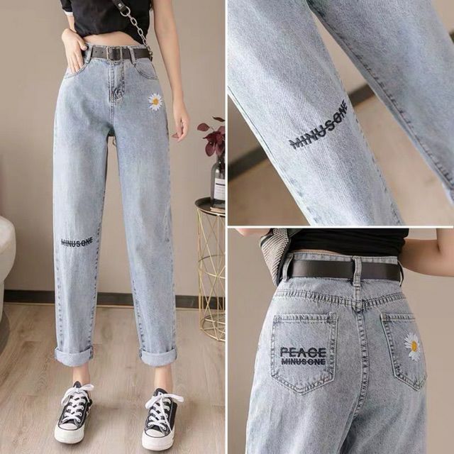 Quần baggy jean thêu hoa cúc + belt