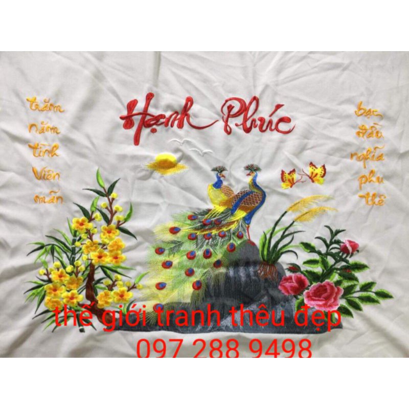 tranh thêu Đôi Công kèm chữ thư pháp hạnh phúc hàng bao đẹp tranh thêu chưa khung kttp 50 x 70 cm