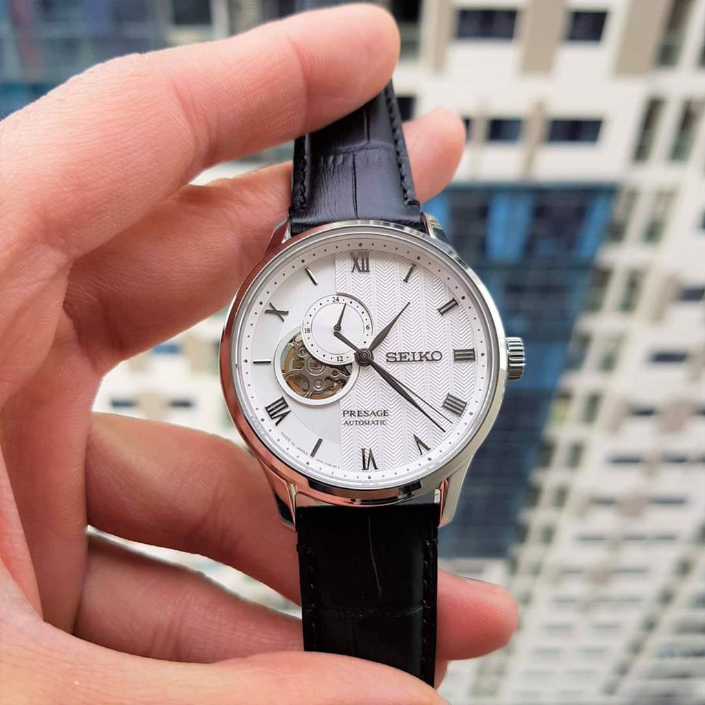 Đồng hồ nam cao cấp Seiko Presage Open Heart 2018 White Leather - SSA379J1