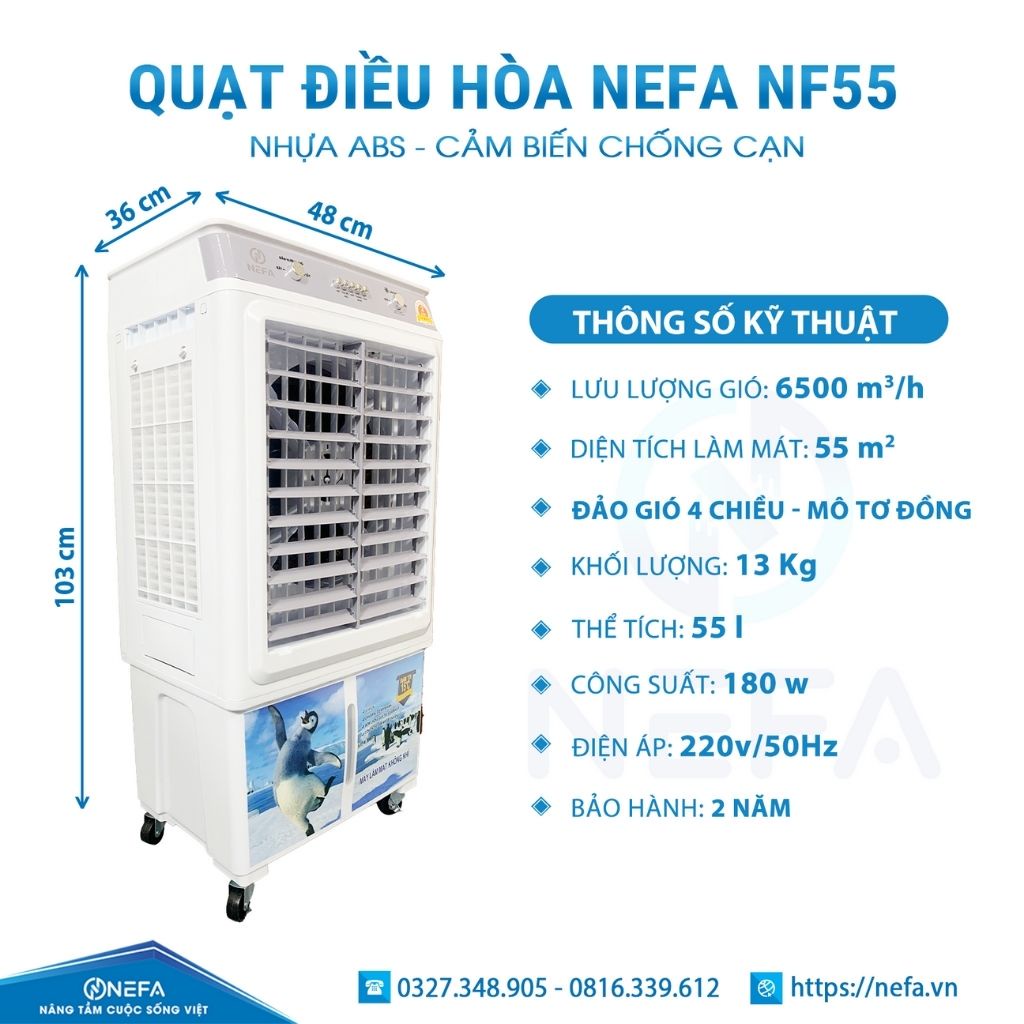 Quạt điều hòa hơi nước NEFA NF55C hàng chính hãng, Quạt hơi nước dung tích 55L bảo hành 12 tháng