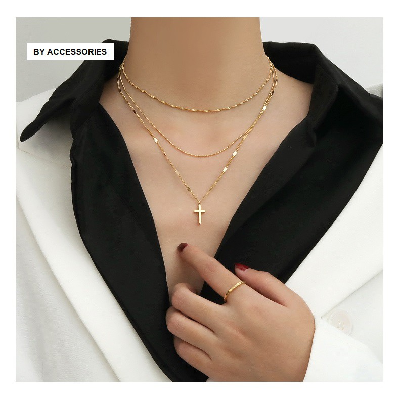 Set dây chuyền titan xích 3 tầng mặt thánh giá nhỏ không gỉ