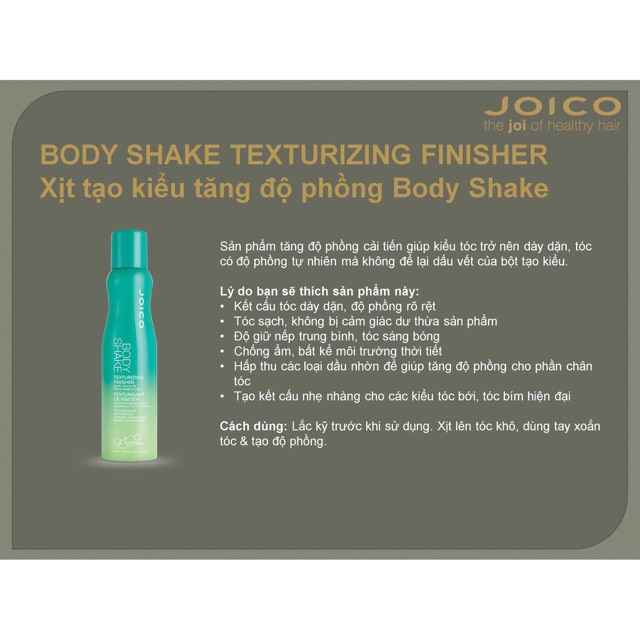 Xịt tạo kiểu và tăng độ phồng Body Shake Joico Texturizing Finisher 250ml